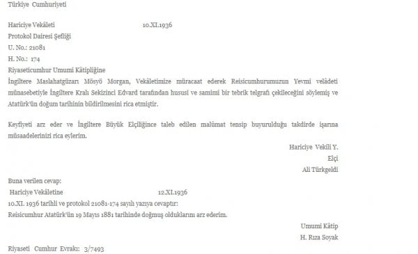 Mustafa Kemal Atatürk'ün Doğum Günü 19 Mayıs Mı? Nasıl 19 Mayıs oldu?
İngiliz Büyükelçiliği'nin Atatürk'ün Doğum Gününü sorması ve
Türk Dışişleri Bakanlığının cevabı
Cumhurbaşkanlığı Arşivi