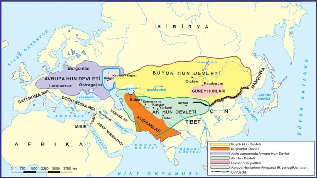 Asya ve Avrupa Türk - Hun İmparatorlukları Haritası