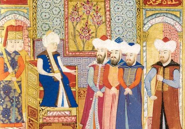 Sultan 1.Mehmed'in devlet erkânlarıyla birlikte olduğu Osmanlı minyatürü